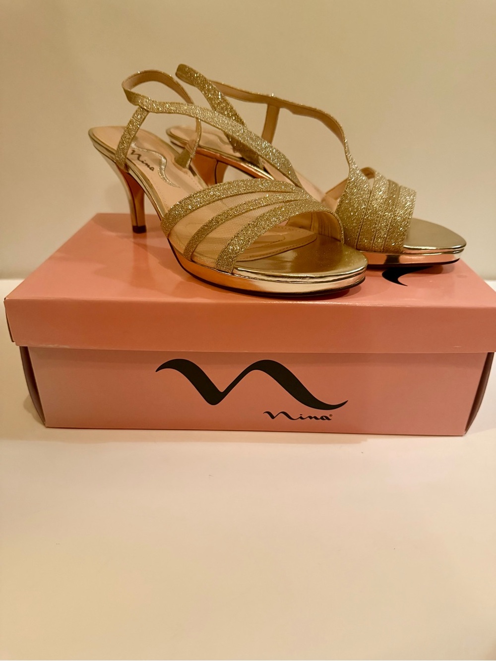 Nina Nelda-YG Sparkly Gold Strappy Slingback Heels